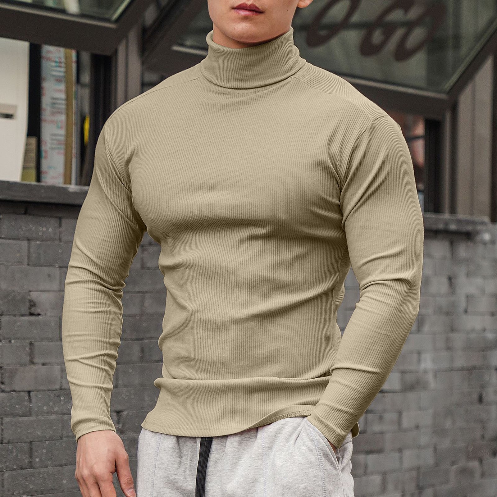 thumbnail image 2 of Camiseta de manga larga y cuello alto para hombre: color liso, corte ajustado, tejido elástico, para uso informal en primavera/verano., 2 of 5